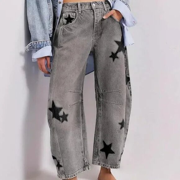 Night Sky Grey/Black Contrasting Stars Baggy Barrel Cut Boyfriend Jeans Pants - Picture 7 of 7